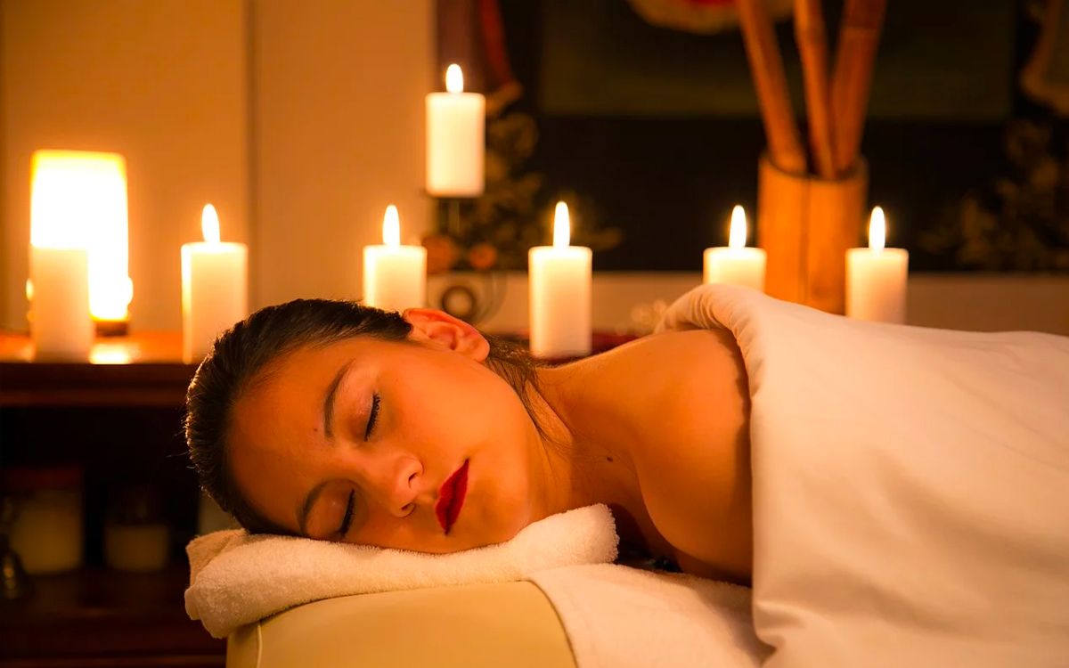 Photo de notre spa à Charleroi, avec des bougies, de l'eau et des serviettes.